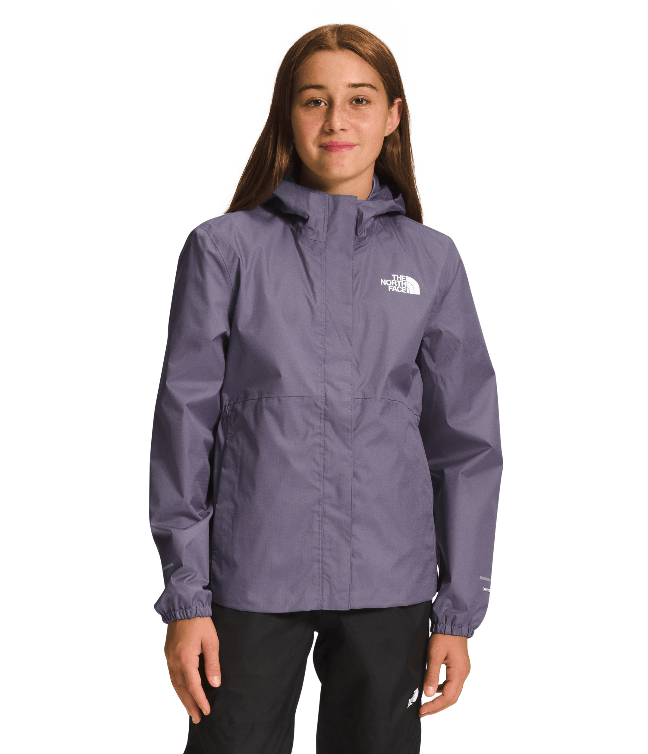Smiling girl wearing Lunar Slate The North Face Girls' Warm Storm Jacket - Mountain Kids Outfitters: Stylish and Weather-Ready Outerwear