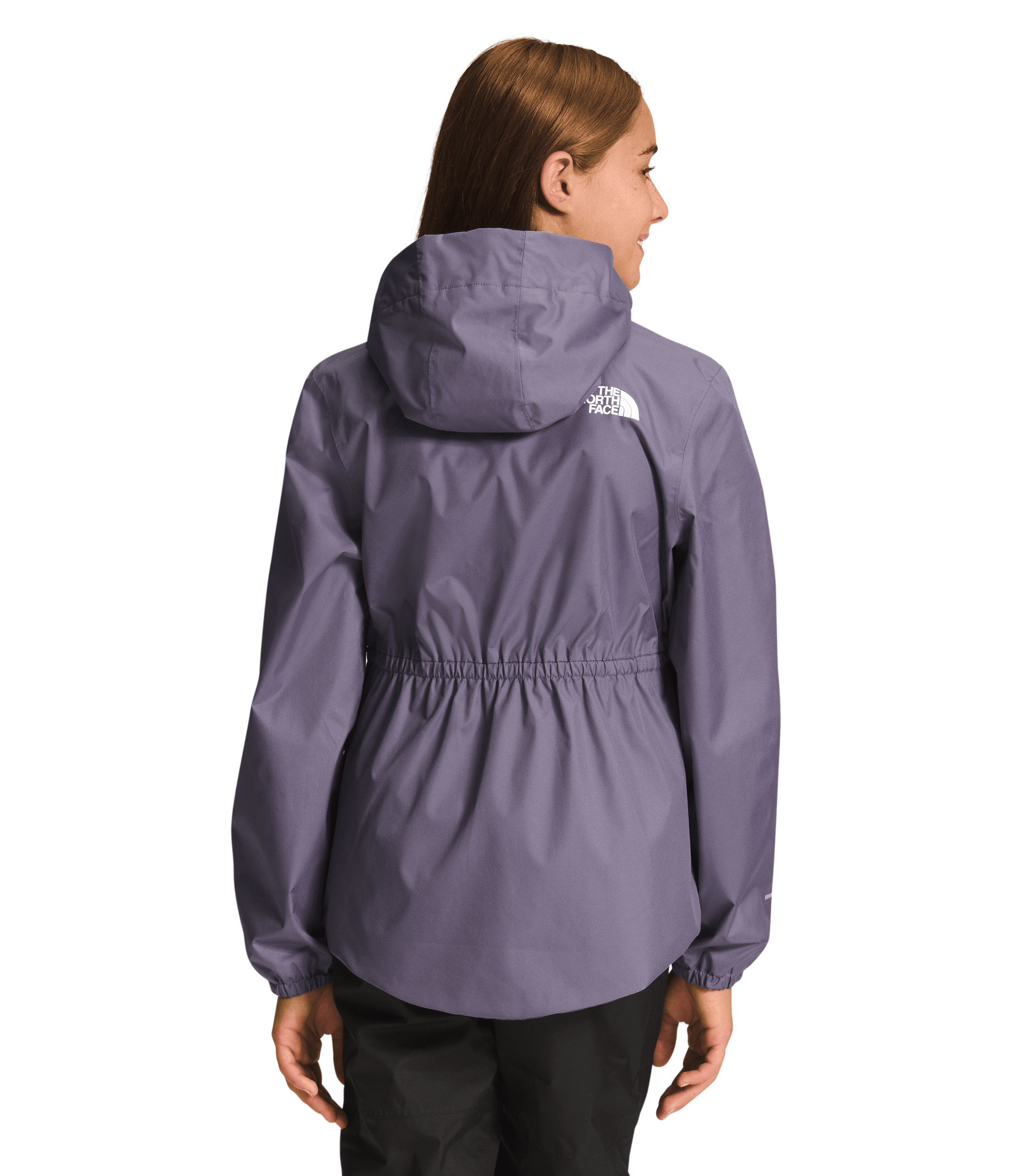 Back view of a Smiling girl wearing Lunar Slate The North Face Girls' Warm Storm Jacket - Mountain Kids Outfitters: Stylish and Weather-Ready Outerwear