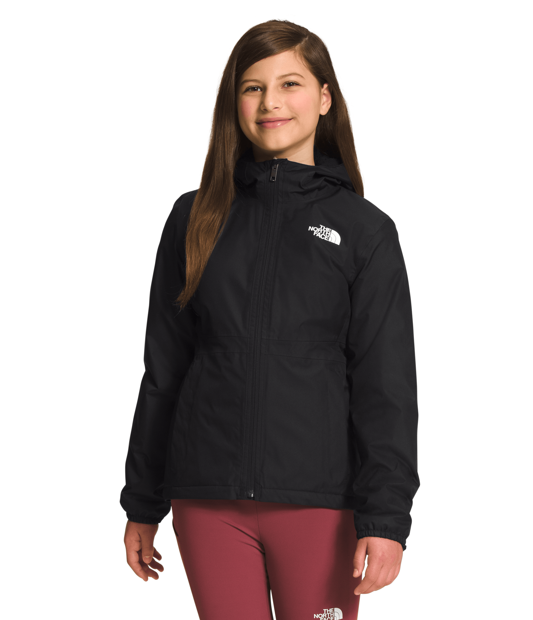 Smiling girl wearing Black The North Face Girls' Warm Storm Jacket - Mountain Kids Outfitters: Stylish and Weather-Ready Outerwear