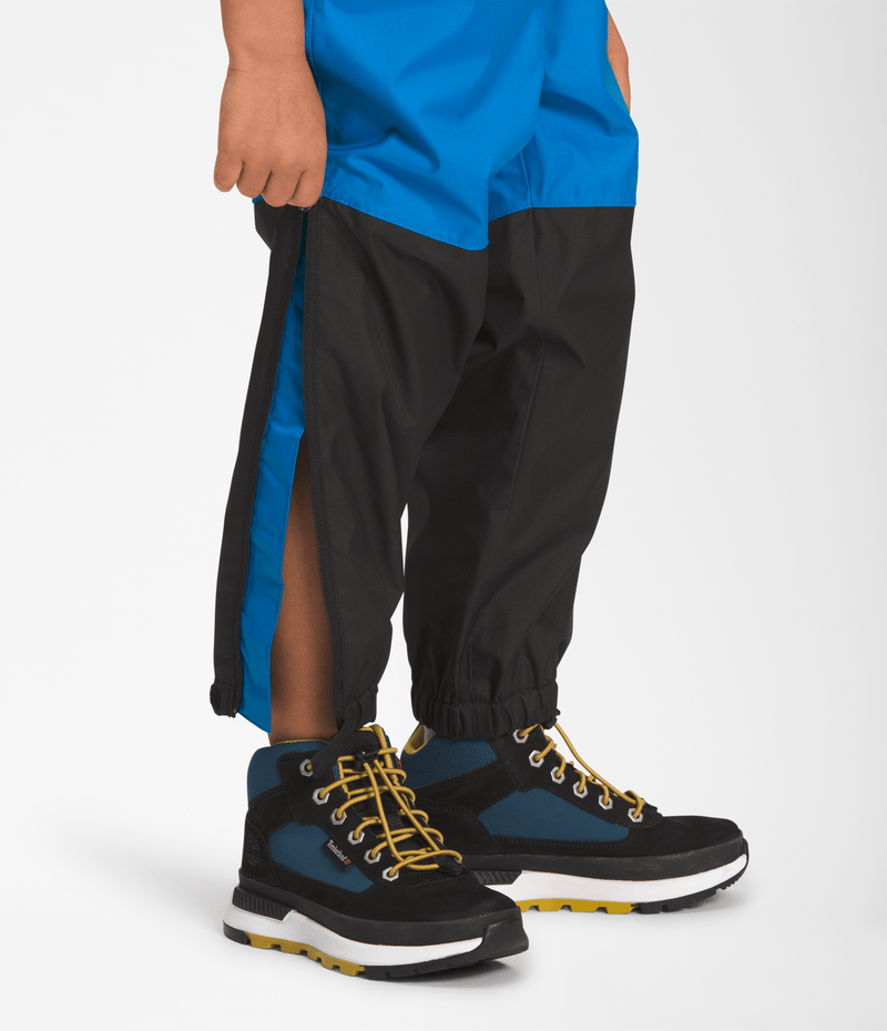Leg of The North Face Kids Antora Rain Pants in Sonic Blue with reverse-coil leg zips open from cuff to knee for easy on/off.
