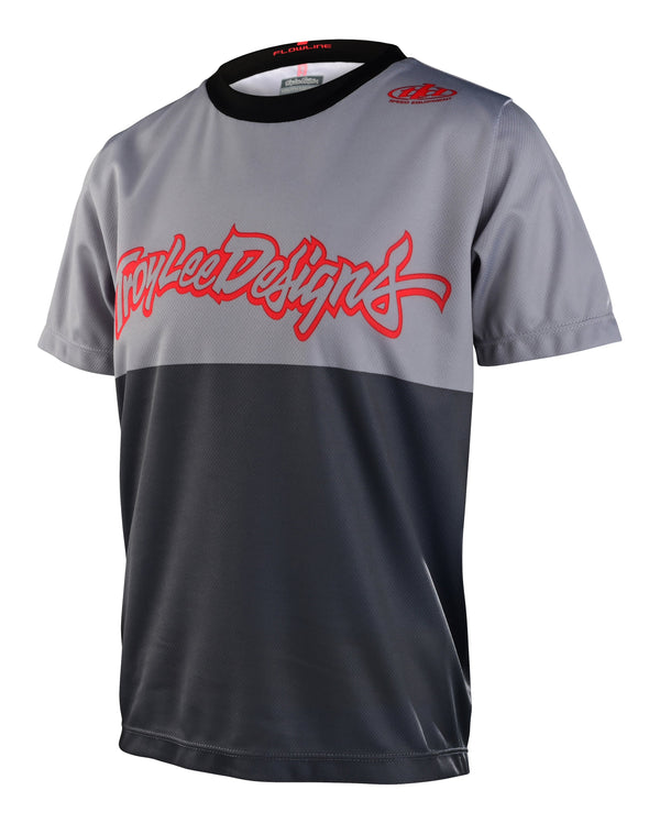 Troy Lee Youth Flowline SS Jersey 2023 - Mountain Kids Outfitters: Scripter Charcoal, Front View