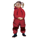 Smiling little girl wearing Red Tuffo Muddy Buddy Mountain Kids Canada rain suit against a white background.