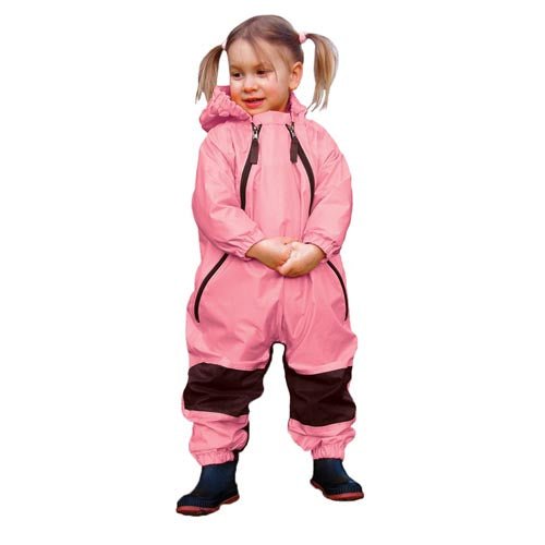 Smiling little girl wearing pink Tuffo Muddy Buddy Mountain Kids Canada rain suit against a white background.