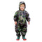 Smiling little boy wearing camouflage Tuffo Muddy Buddy Mountain Kids Canada rain suit against a white background.